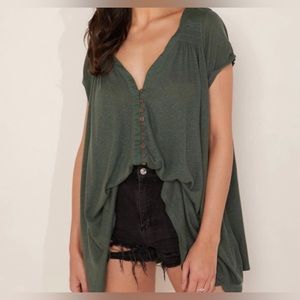 Free People Oversized Highland Tee T Shirt Button Front Army Green Medium